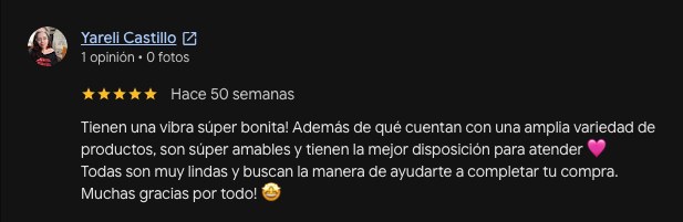 Reseña de Yareli Castillo en Google sobre La Juárez Papelería